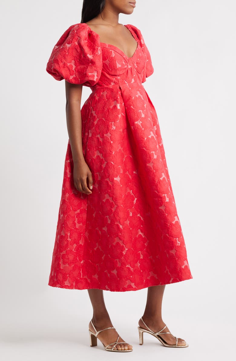 Sister Jane Maria Jacquard Puff Sleeve Midi Dress, Alternate, color, Red