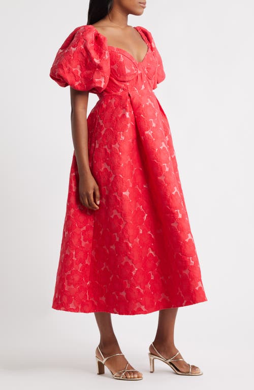 Sister Jane Maria Jacquard Puff Sleeve Midi Dress In Red