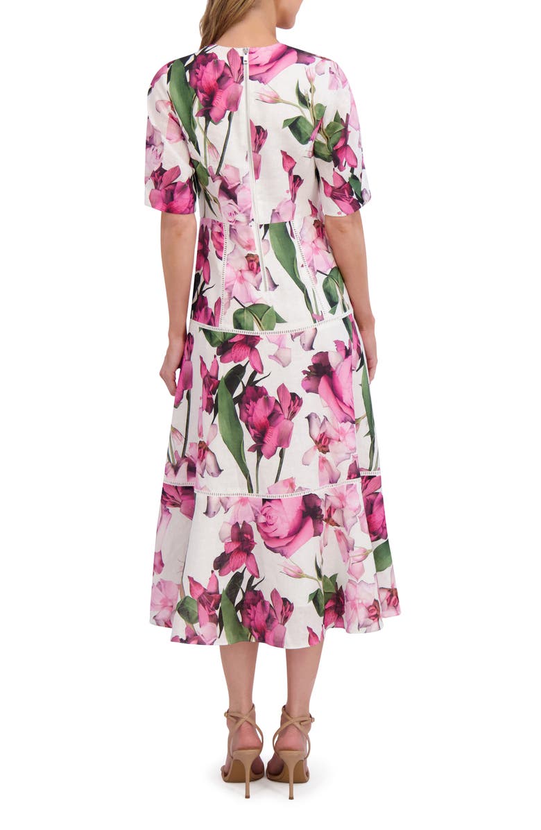 Ted Baker Floral Print V-Neck Linen Dress, Alternate, color, Ultra White