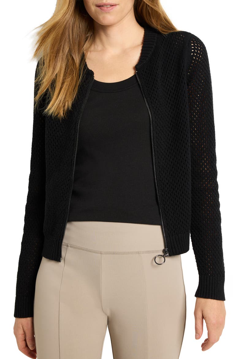 Open Stitch Zip-Up Cardigan, Main, color, BLACK ONYX
