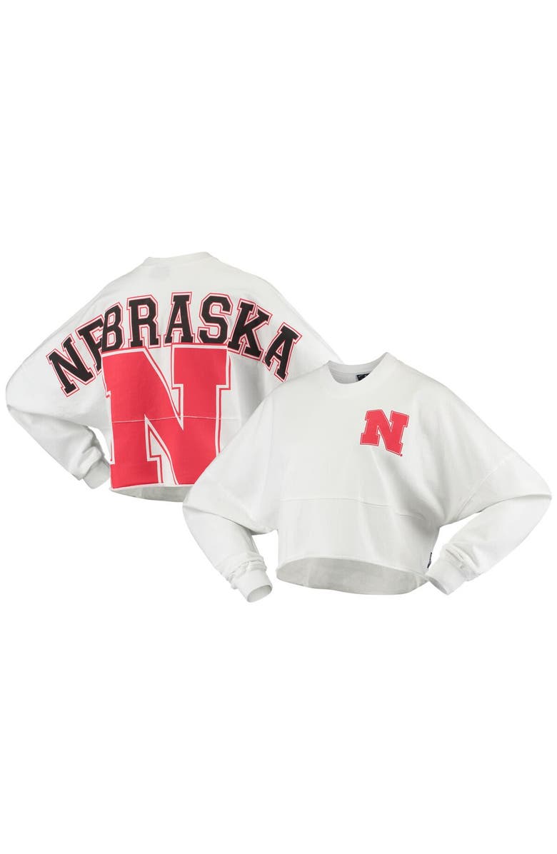 SPIRIT JERSEY Women's White Nebraska Huskers Raw Hem Cropped Spirit Jersey Long Sleeve T-Shirt, Main, color, 
