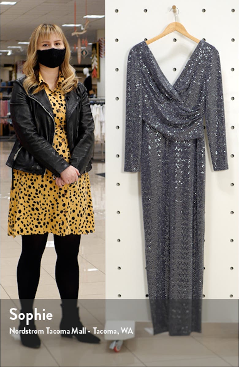 Sequin Wrap Front Long Sleeve Gown, sales video thumbnail