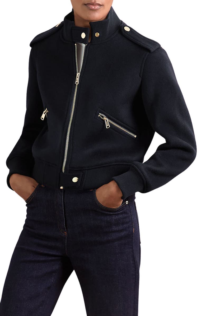 Reiss Cleo Wool Bomber Jacket, Main, color, Navy