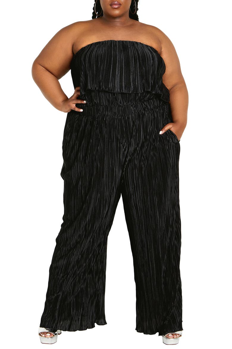 Hailee Strapless Plissé Jumpsuit, Main, color, BLACK