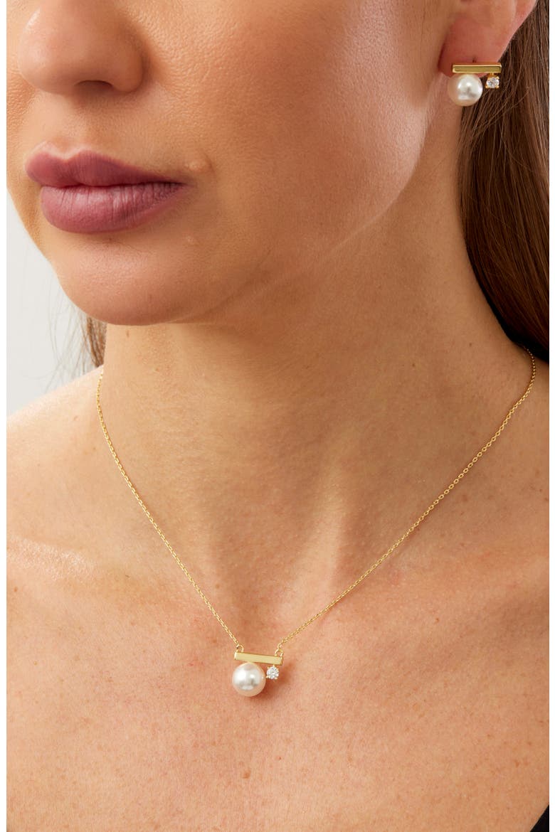 14k Gold Plated Cultured Pearl and Cubic Zirconia Pendant Necklace and Earrings Set, Main, color, YELLOW