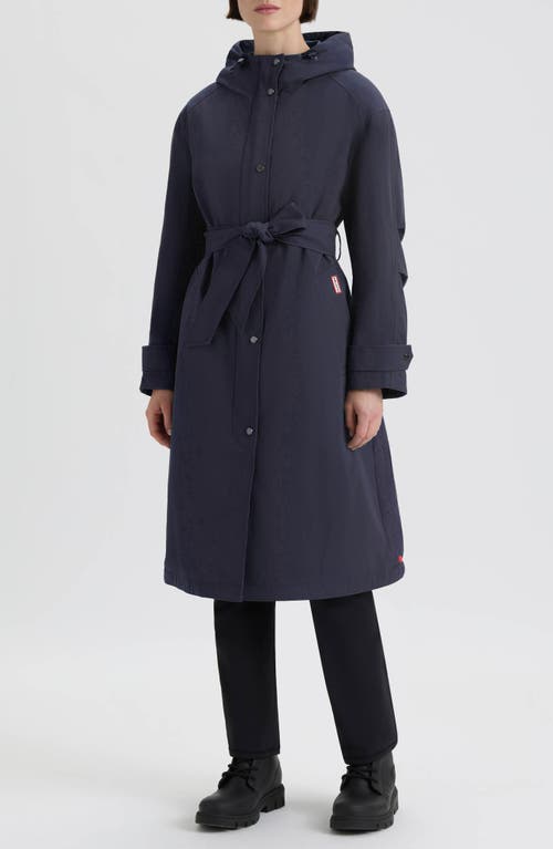 Hunter Violet Hooded Long Trench Coat In Blue