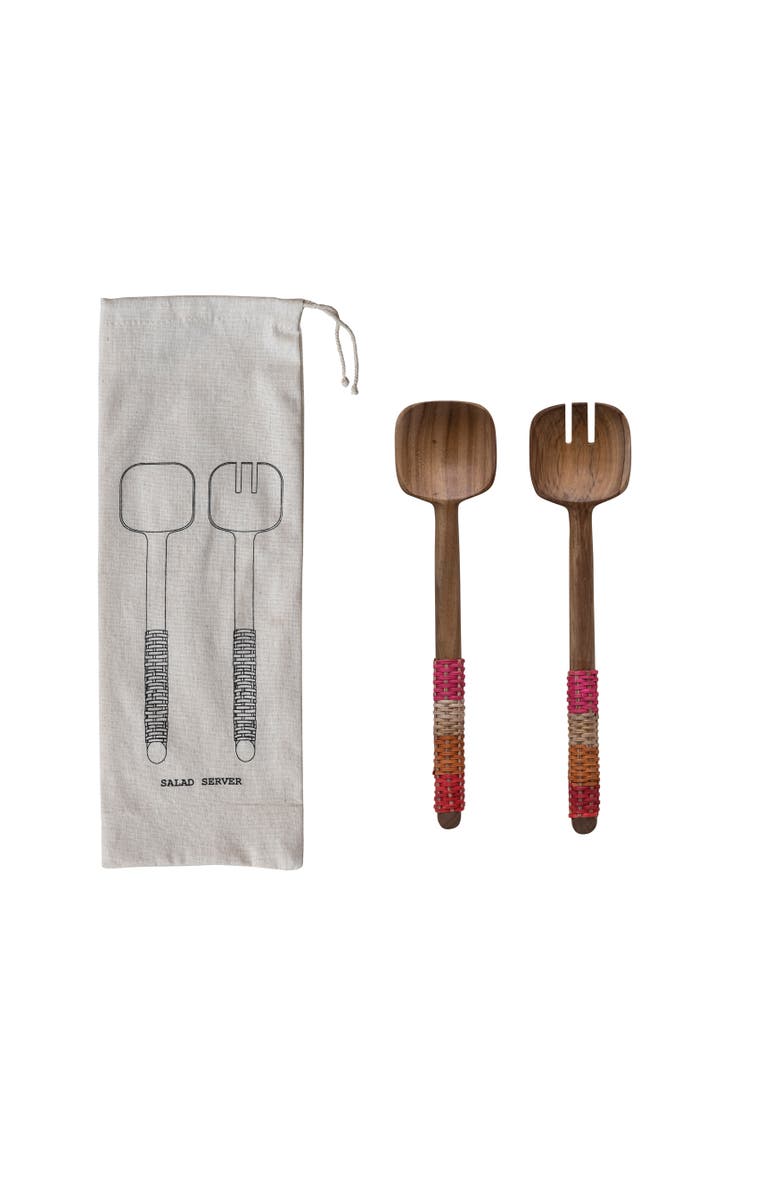 Storied Home 2-Piece Long Teakwood Kitchen Salad Servers with Rattan Wrapped Handles in a Drawstring Bag, Main, color, 