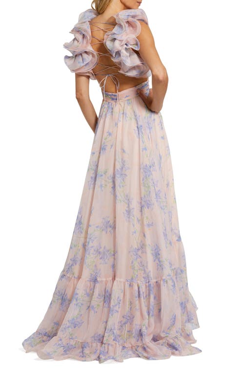 Mac Duggal Ruffle Tiered Floral Cut-out Chiffon Gown In Violet Multi