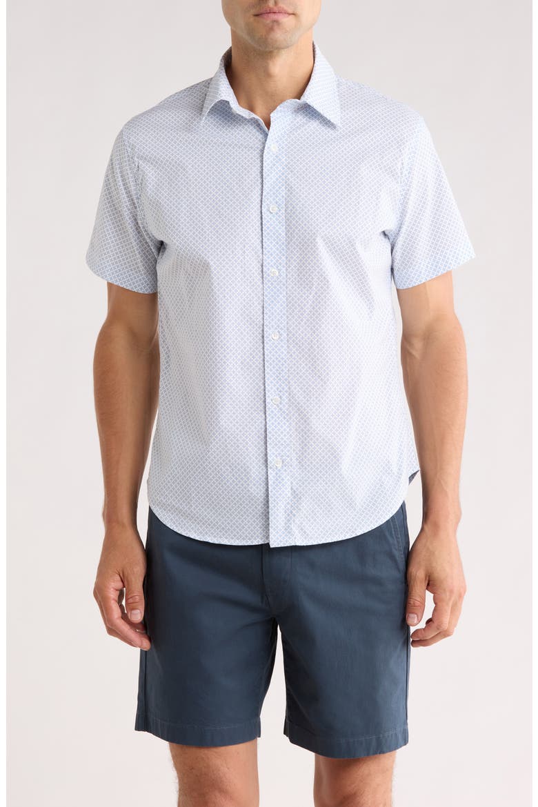 Bahia Geometric Slim Fit Short Sleeve Stretch Cotton Button-Up Shirt, Main, color, WHITE/ BLUE MICRO