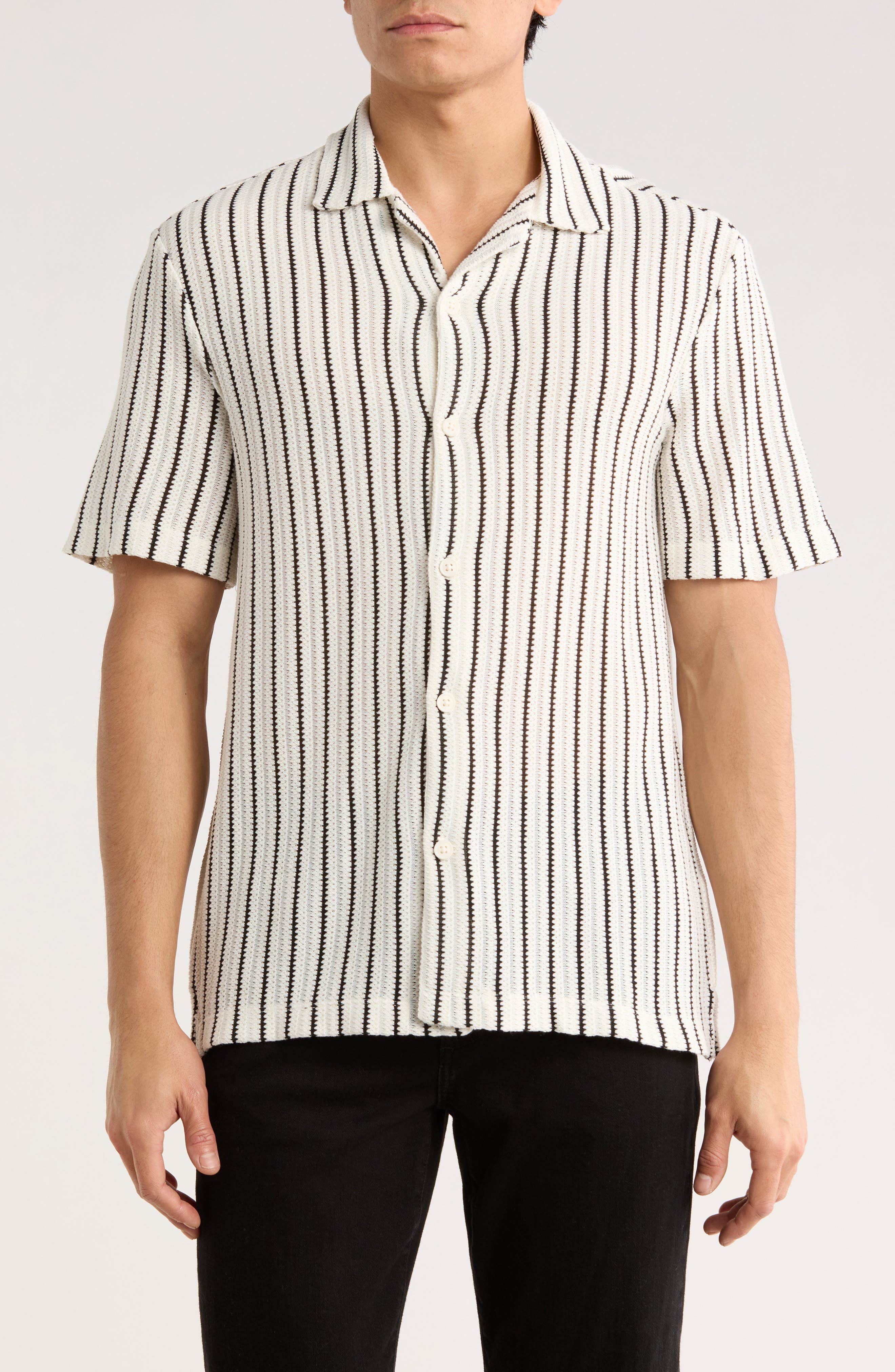 DENIM AND FLOWER White with Black Stripes Camp Shirt