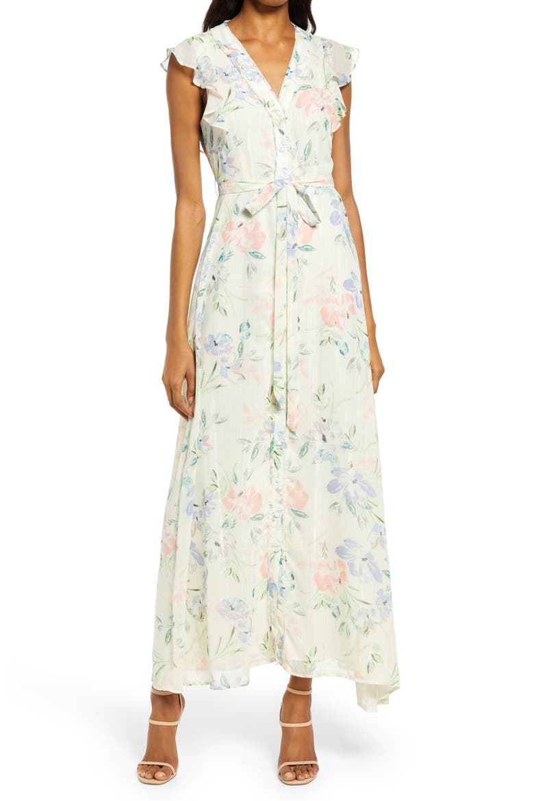 Ruffle Tie Waist Dress, Main, color, IVORY WATERCOLOR FLORAL