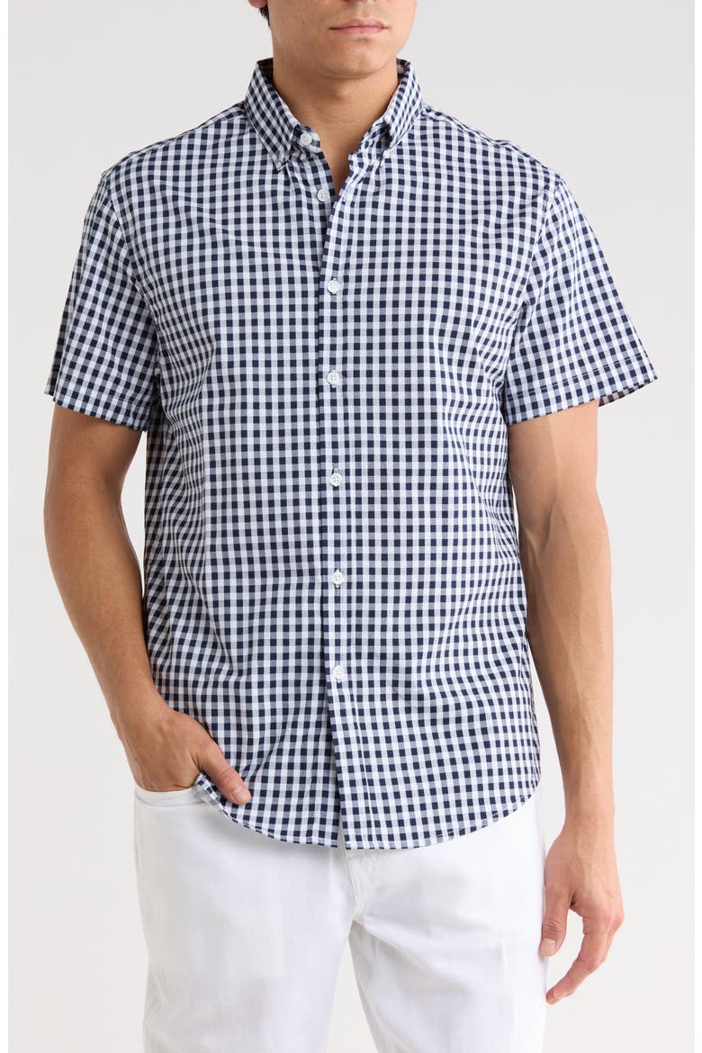 Gingham Short Sleeve Button-Down Shirt, Main, color, NAVY