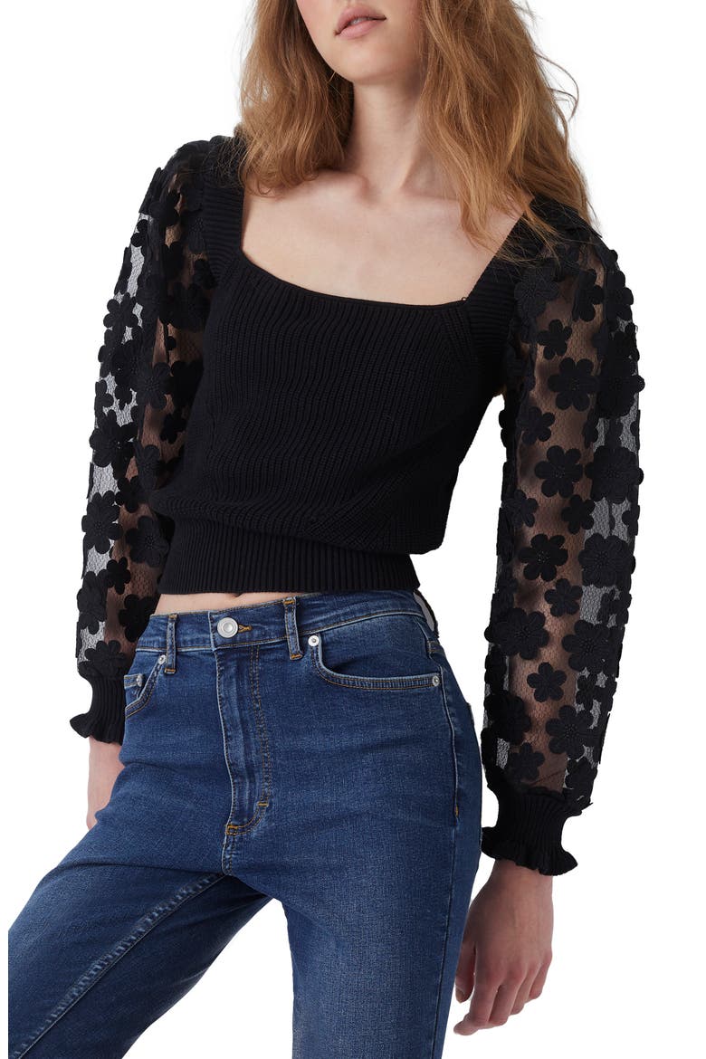 Juri Mozard Caballo Lace Sleeve Cotton Sweater, Main, color, BLACK