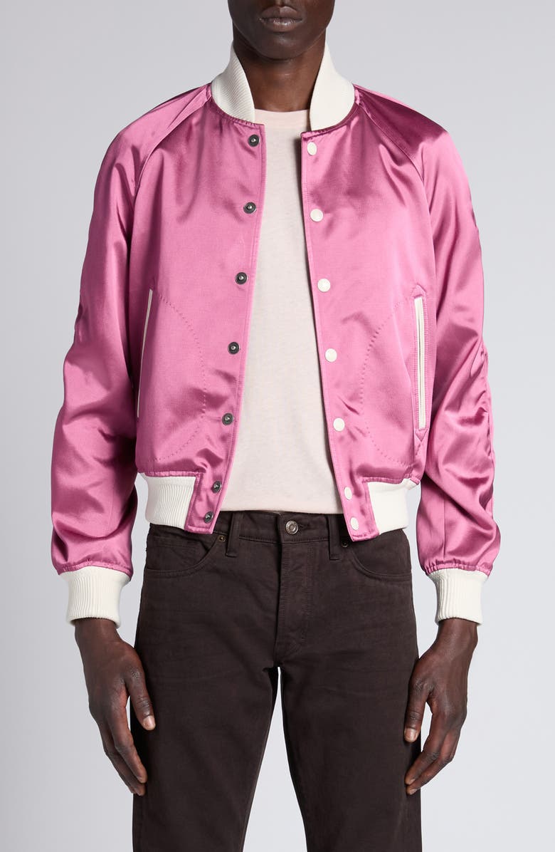 TOM FORD Shiny Satin Bomber Jacket, Main, color, Xfuwh Fuxia/ White