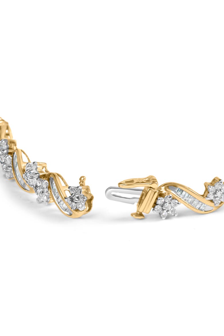 10k Yellow Gold 3.00 Cttw Round-Cut and Baguette-Cut Floral Link 7.25" Bracelet, Alternate, color, Yellow