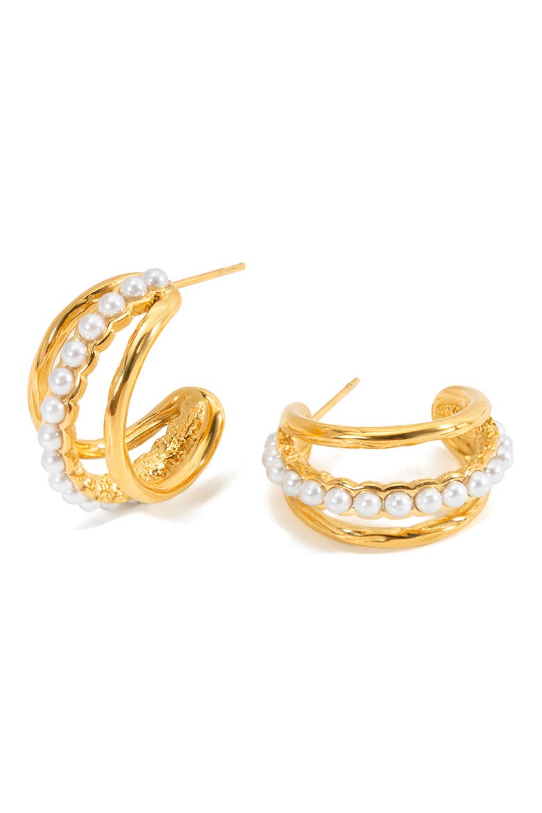 Faux Pearl Arc Hoop Earrings, Main, color, GOLD