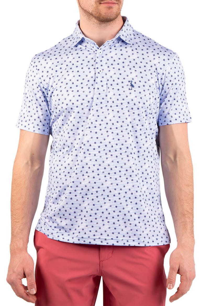 Vintage Stars Print Performance Polo, Main, color, BLUE