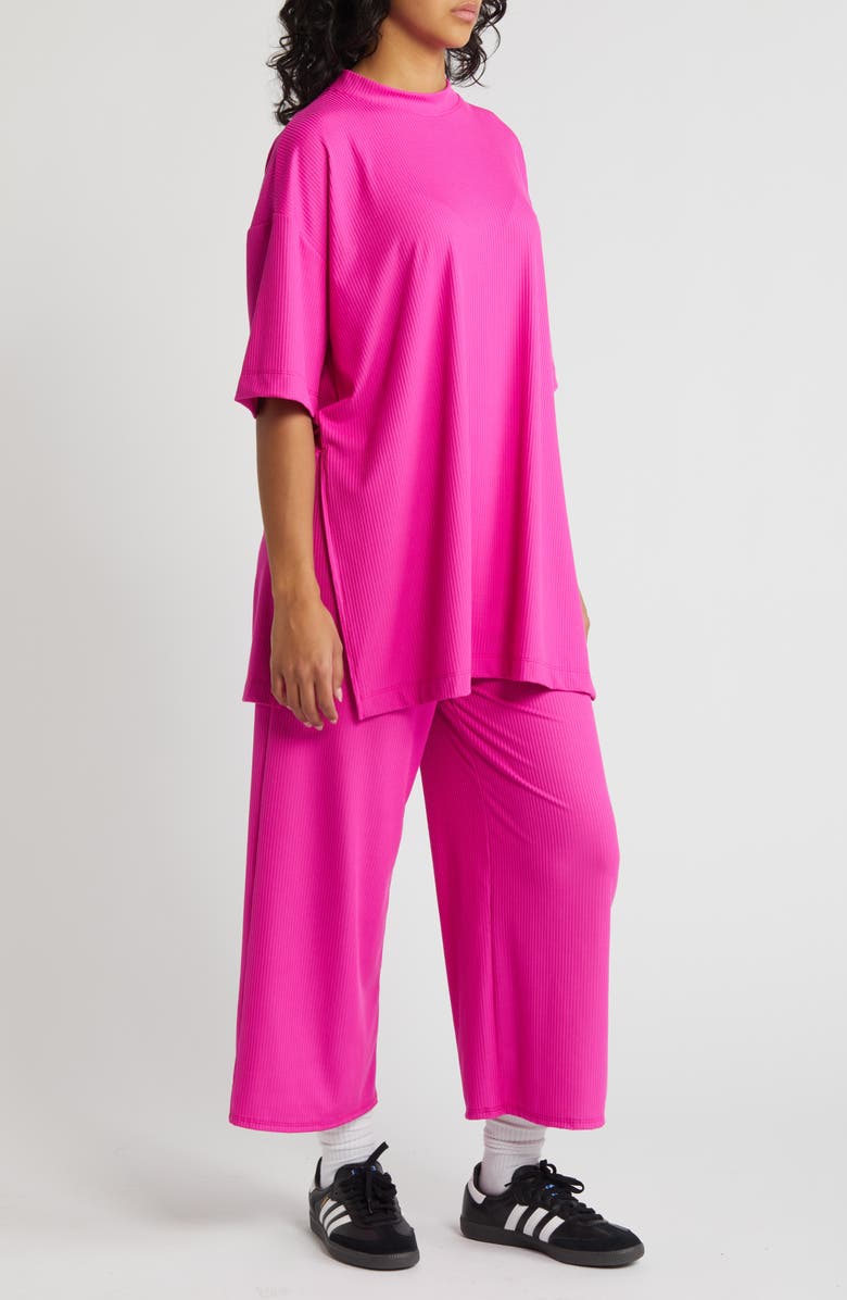 Dressed in Lala Lex Rib Oversize T-Shirt & High Waist Crop Pants, Alternate, color, Neon Pink
