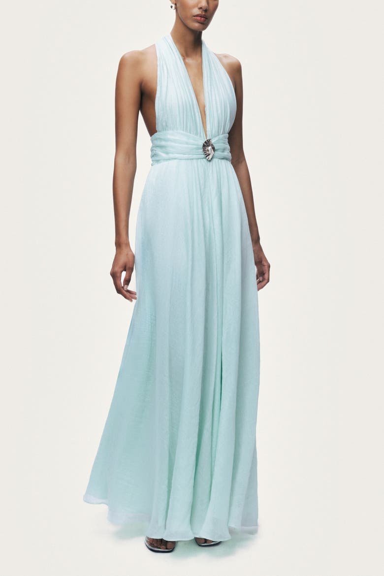 Pleated Halterneck Maxi Dress with Brooch Detail, Alternate, color, Mint Green