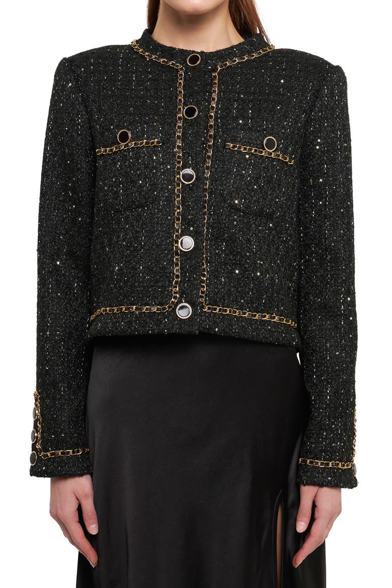 Chain Trim Tweed Crop Blazer, Main, color, BLACK