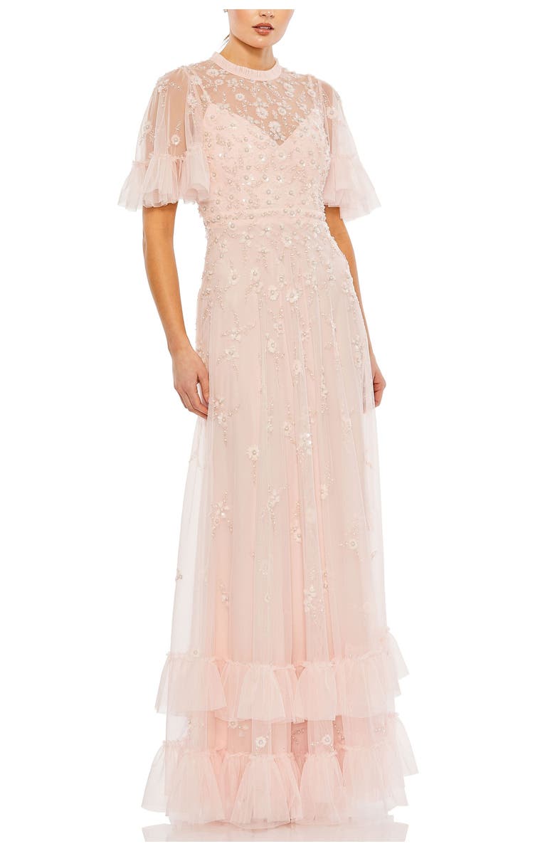 Mac Duggal Floral Embellished Flutter Sleeve A Line Gown, Main, color, Peach