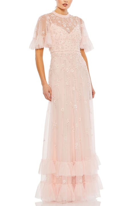 Floral Embellished Flutter Sleeve A Line Gown