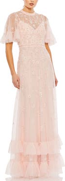 Mac Duggal Floral Embellished Flutter Sleeve A Line Gown