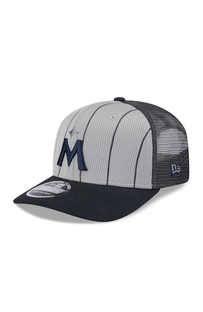 New Era Men's New Era Gray/Black Minnesota Twins 2025 Batting Practice 9SEVENTY Stretch-Snap Trucker Hat, Main, color,
