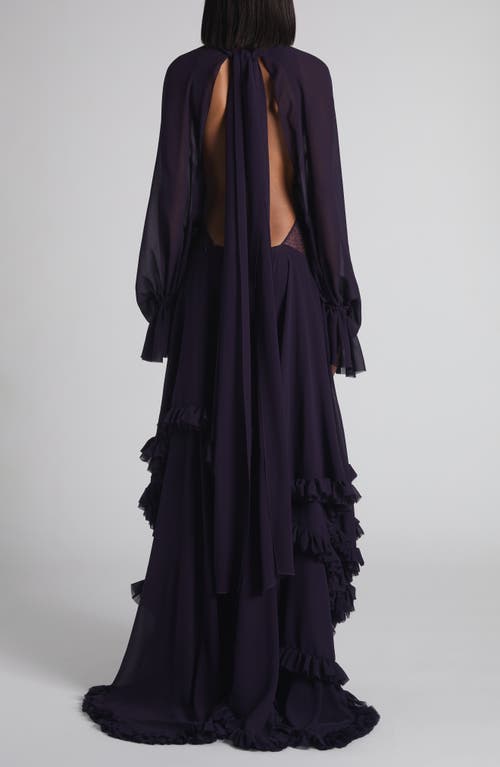Alexander Mcqueen Mcqueen Draped Ruffle Long Sleeve Silk Georgette Gown In Blue