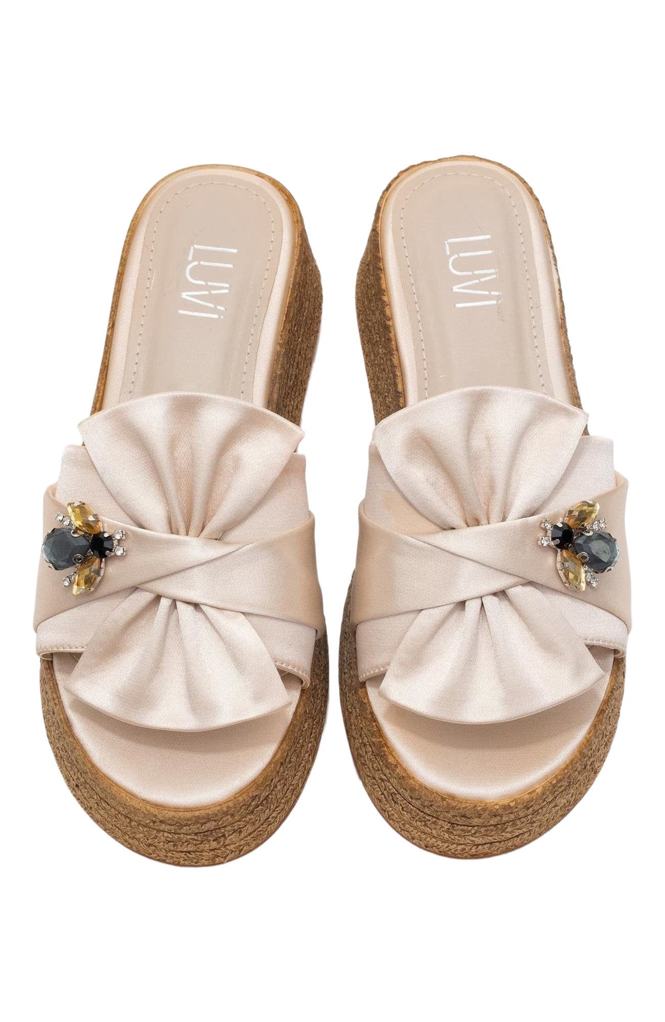 Prologue Shoes Shara Braided Bow & Bee Buckle Platform Sandal, Alternate, color, Beige Satin Faux Leather