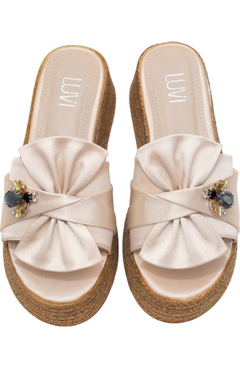 Prologue Shoes Shara Braided Bow & Bee Buckle Platform Sandal, Alternate, color, Beige Satin Faux Leather