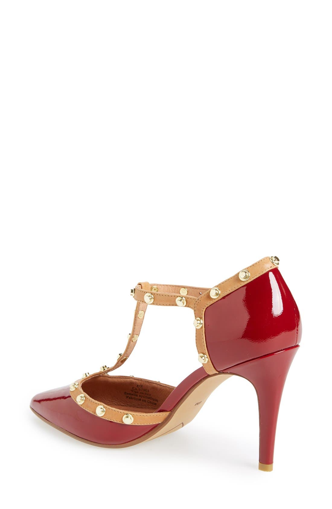 'Martine' Studded T-Strap Pump, Alternate, color, DARK RED PATENT/TAN