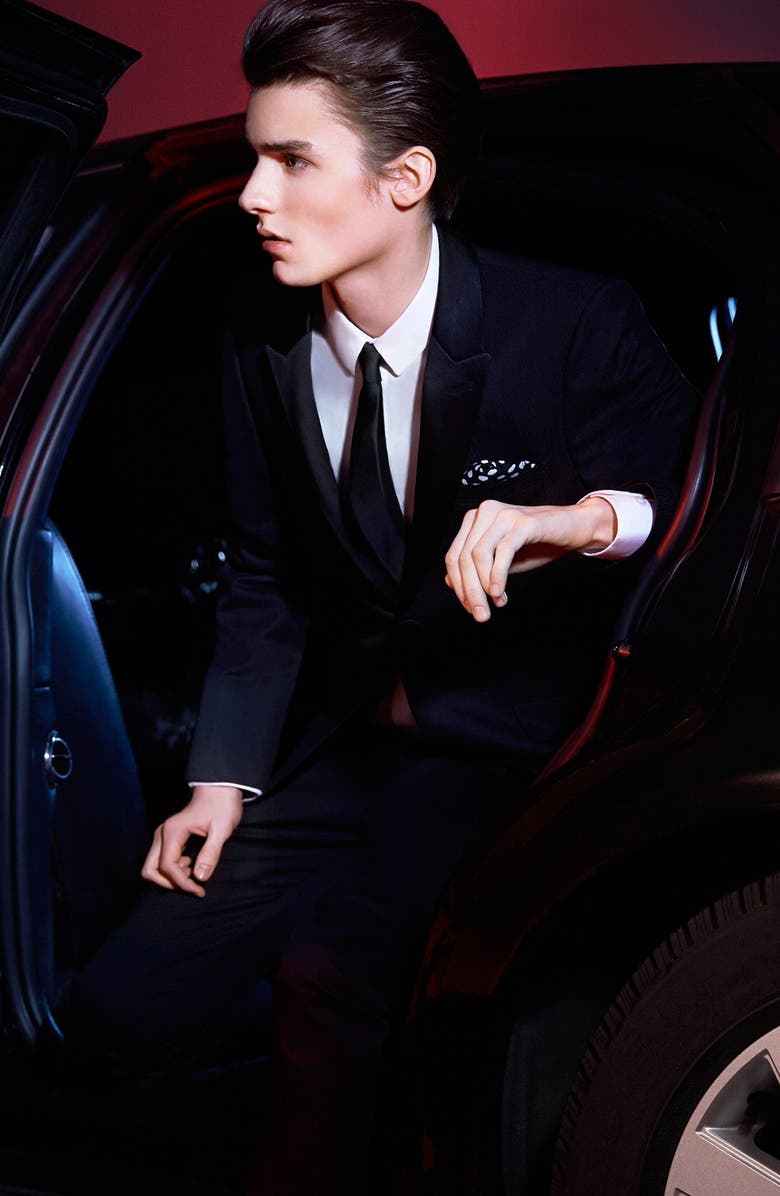 Topman Black Textured Skinny Fit Tuxedo Jacket, Alternate, color,