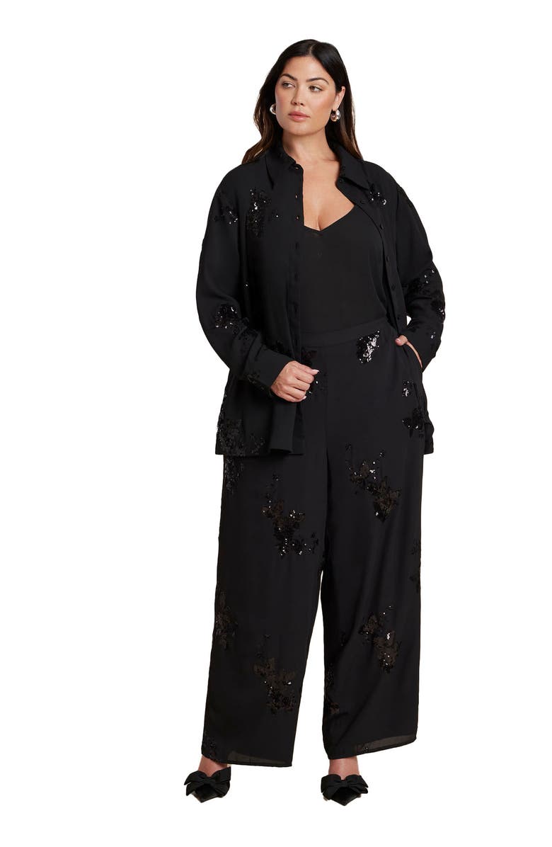 ELOQUII Floral Sequin Wide Leg Pant, Main, color, Black Onyx