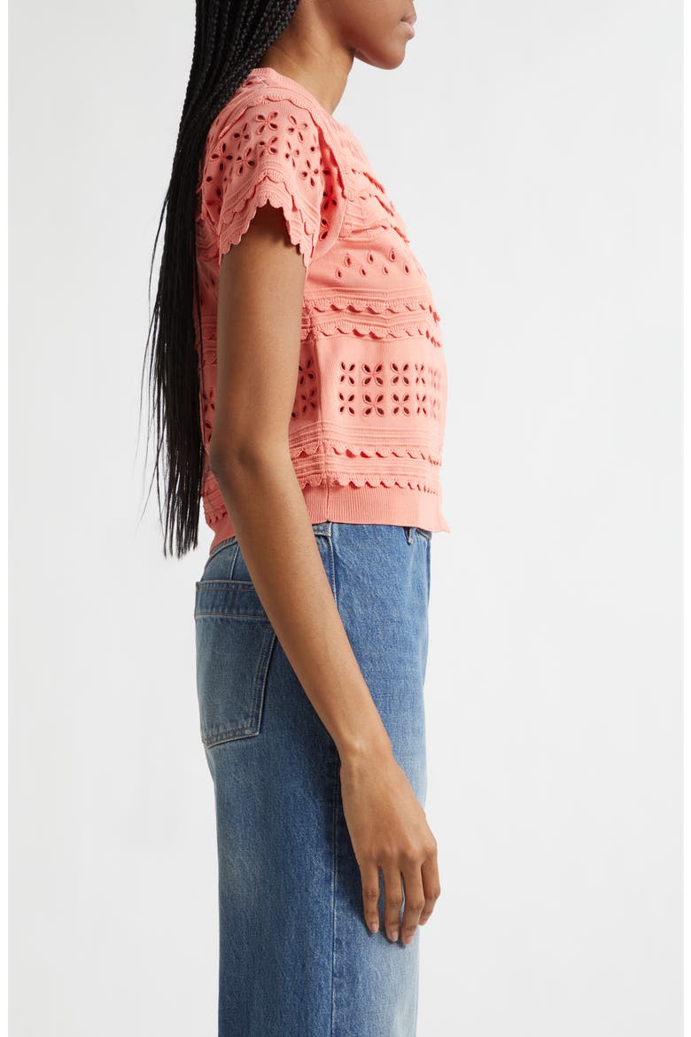 Abriana Eyelet Scallop Trim Cardigan, Alternate, color, CORAL PEONY