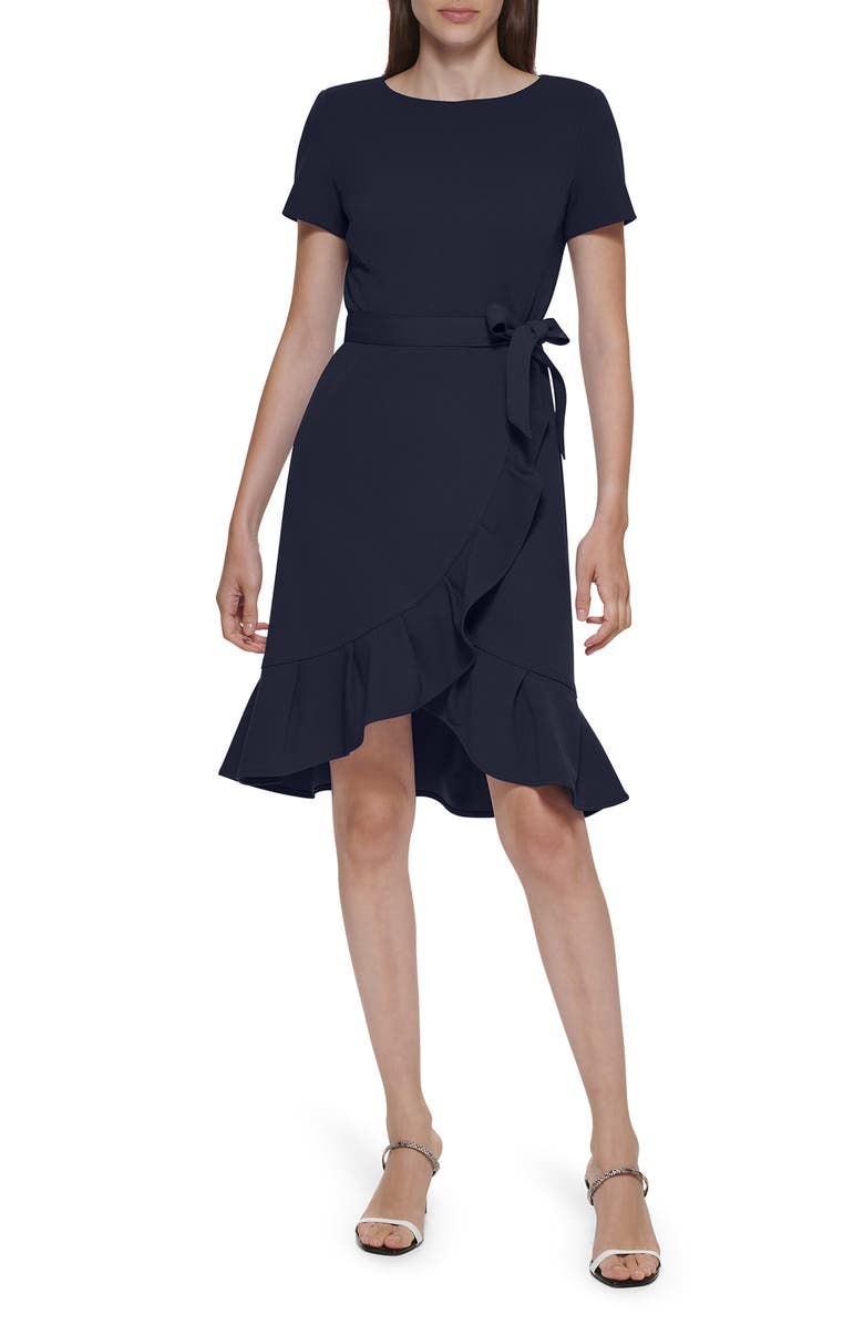 Calvin Klein Tie Waist Ruffle Hem Dress, Main, color, Indigo