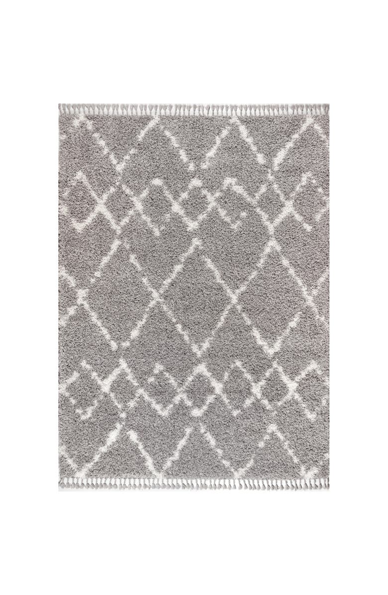 JONATHAN Y Mercer Shag Plush Tassel Moroccan Geometric Trellis Area Rug, Main, color, Gray/Ivory