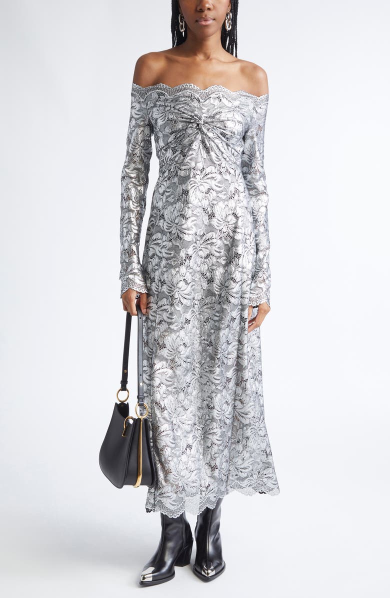 Rabanne Metallic Long Sleeve Stretch Lace Dress, Main, color, Black / Silver