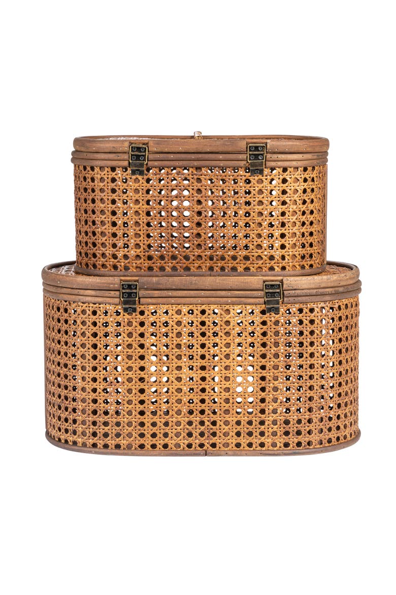 Modern Decorative Oval Woven Rattan Storage Boxes, Set of 2 Sizes, Dark Brown Finish, Alternate, color, Brown