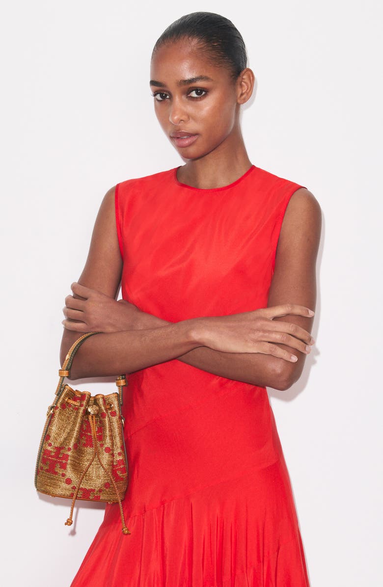 Tory Burch Mini T Monogram Straw Bucket Bag, Alternate, color, Natural