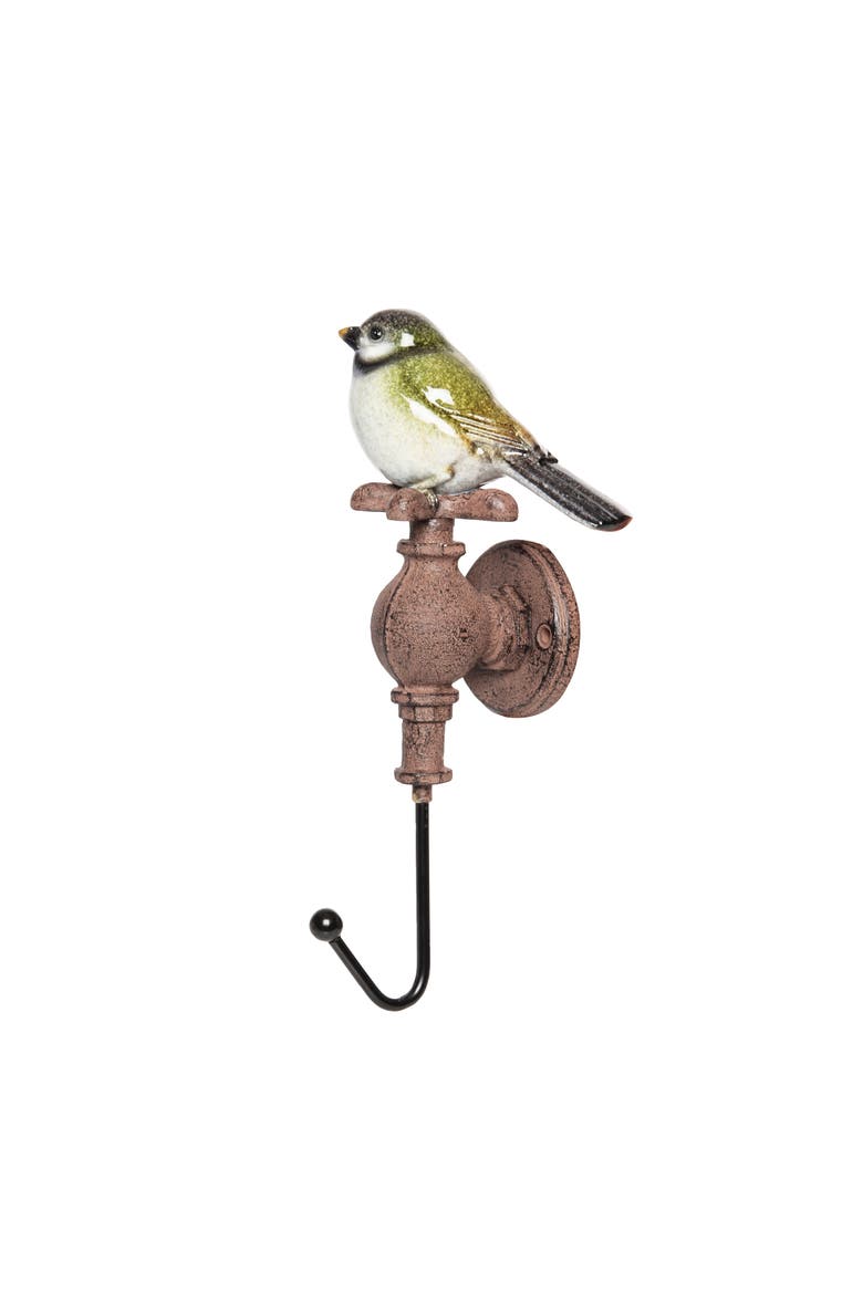 House Sparrow Bird Sitting on Water Faucet Spigot Decorative Rustic Car Keys Coat Jacket Wall Hanging Hook, Main, color, Yellow