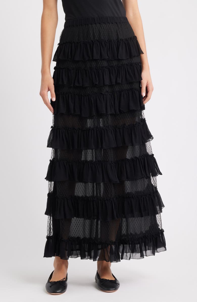 THE GREAT. Winter Tiered Mesh Maxi Skirt, Main, color, Black