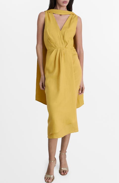 Scarf Detail Sleeveless Linen Midi Dress