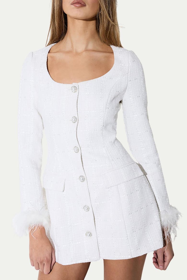 Boucle Feather Trim Mini Dress, Alternate, color, White