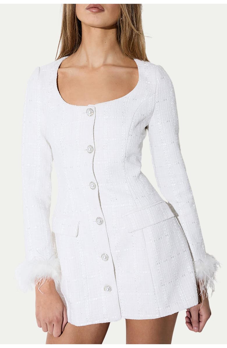 MissPap Boucle Feather Trim Mini Dress, Alternate, color, White