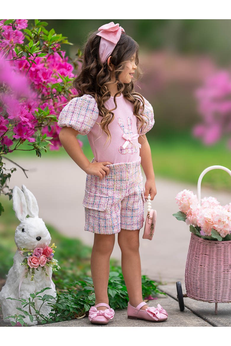 Chic Embroidered Bunny Top and Tweed Girls Short Set, Alternate, color, Pink