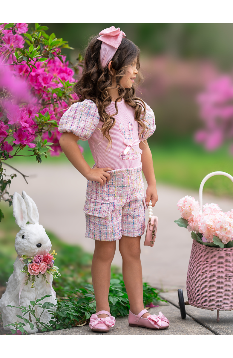 Mia Belle Girls Chic Embroidered Bunny Top and Tweed Girls Short Set, Alternate, color, Pink