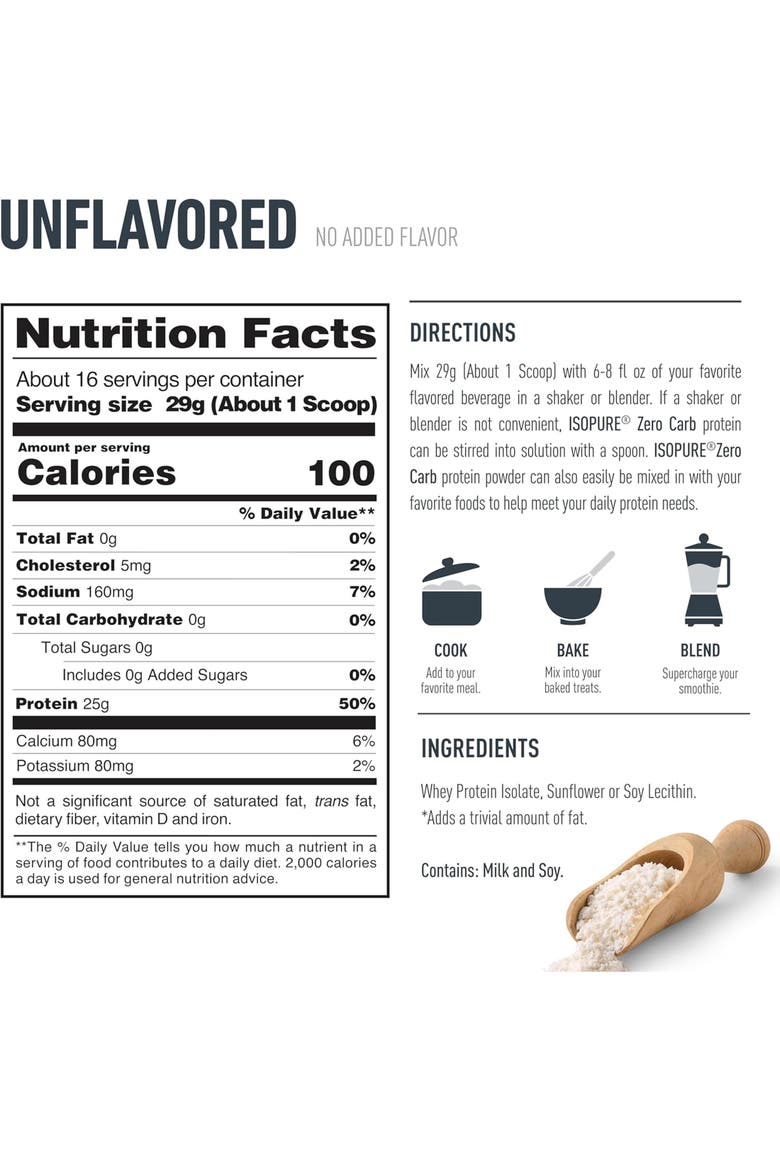 Zero Carb 100% Whey Protein Isolate Powder, Unflavored, 25g Protein, About 16 Servings, Alternate, color, None