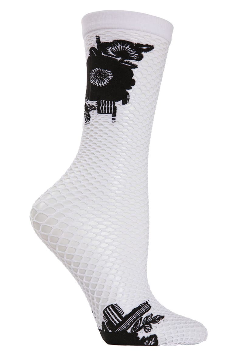 Floral Appliqué Fishnet Crew Socks, Alternate, color, WHITE
