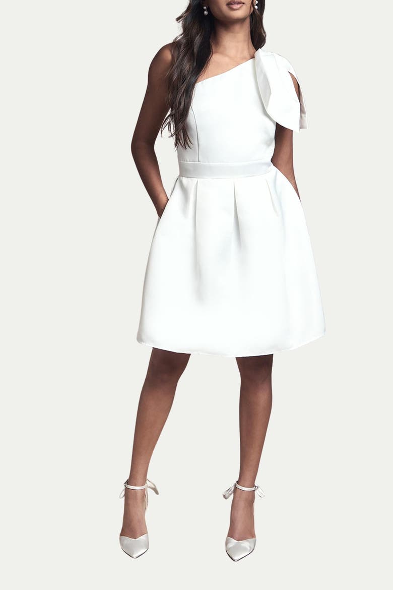 One Shoulder Bow Bridal Mini Dress, Alternate, color, Ivory